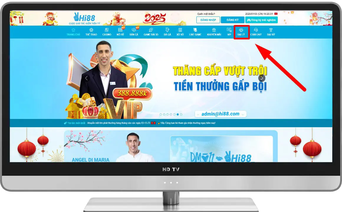 Bước 1: Tại trang chủ chọn " ĐẠI LÝ ".